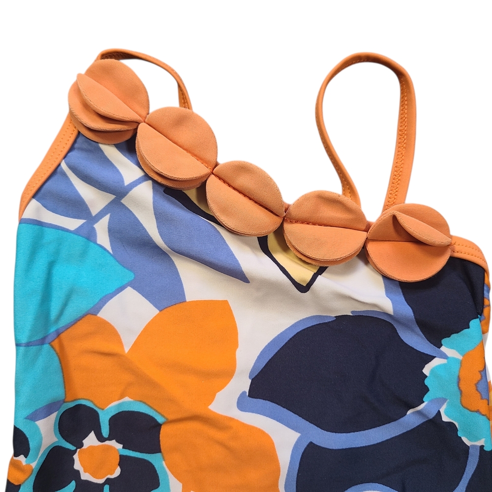 Gymboree Floral One Shoulder Swimsuit Girls 4 Blue Orange 3D Petal - Picture 3 of 8